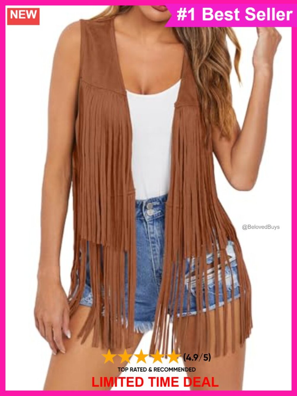 Faux Suede Fringe Vest Sleeveless Tassel Western Hippie Boho Outerwear
